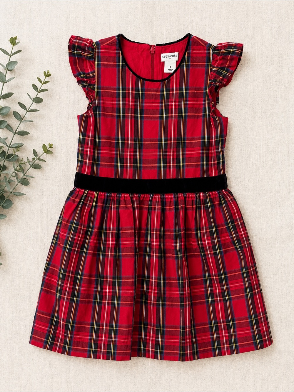Crewcuts Girls Size 5 Red Plaid Holiday Dress Velvet Trim Christmas Tartan